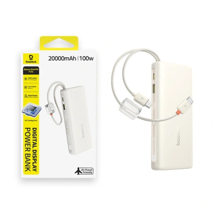 Powerbank Baseus EnerFill FC41 20000mAh 100W z wyświetlaczem cyfrowym z dwoma wbudowanymi kablami USB-C - beżowy