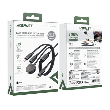 Kabel 3w1 Acefast C6-11 USB-C - 2x USB-C / Qi 480Mb/s 100W 1.2m - czarny