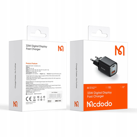 MCDODO SZYBKA ŁADOWARKA SIECIOWA DO TELEFONU 2X USB USB-C GAN 33W MIERNIK