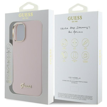 GUESS ETUI HARDCASE DO IPHONE 16 6.1 SILIKONOWE SCRIPT METAL LOGO RAMKA