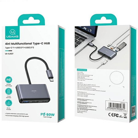 USAMS ADAPTER HUB 4W1 2XUSB 2.0/USB 3.0/USB-C DO LAPTOPA TELEFONU