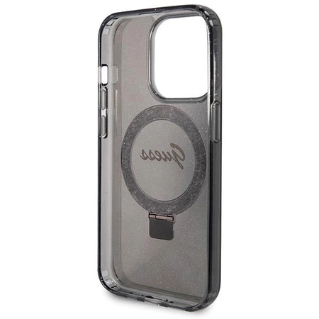 Etui Guess Ring Stand Script Glitter MagSafe na iPhone 14 Pro - czarne