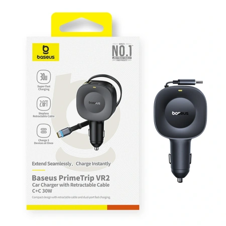 Ładowarka samochodowa Baseus PrimeTrip VR2 30W ze zwijanym kablem USB-C - czarna