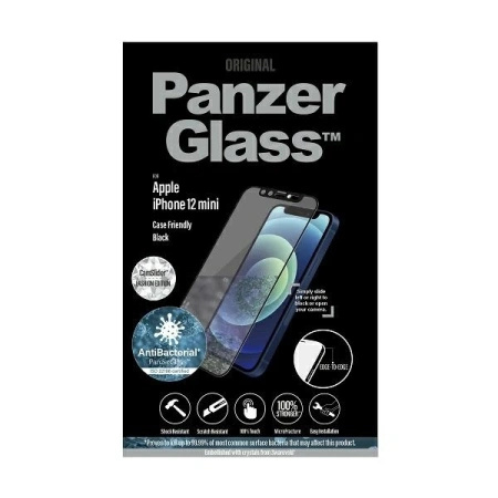 Szkło PanzerGlass E2E Microfracture antybakteryjne z osłoną aparatu z kryształem Swarovsky na iPhone 12 mini - z czarną ramką