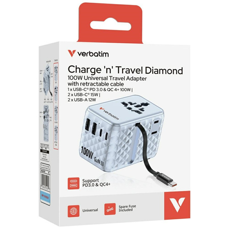 Verbatim Adapter podróżny EU/UK/US GaN   2xUSB-C/2xUSB-A/1xUSB-C PD 100W niebieski 30192