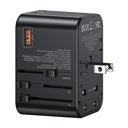 USAMS Adapter siec 1xUSB+2xUSB-C T62 65W4w1 US/AU/EU/UK czarny/black CC199TC01 (US-CC199) Univesal Travel Charger