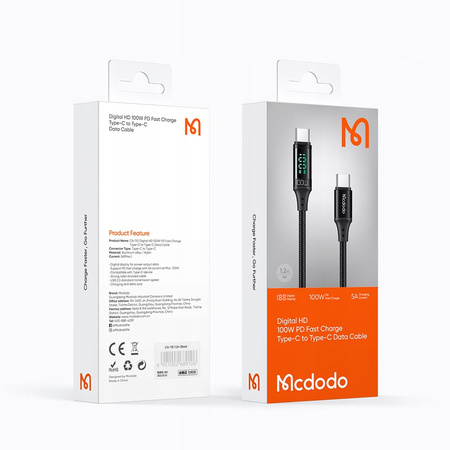 MCDODO KABEL Z WYŚWIETLACZEM USB-C SZYBKIE ŁADOWANIE USB TYP C 5A 100W 1M