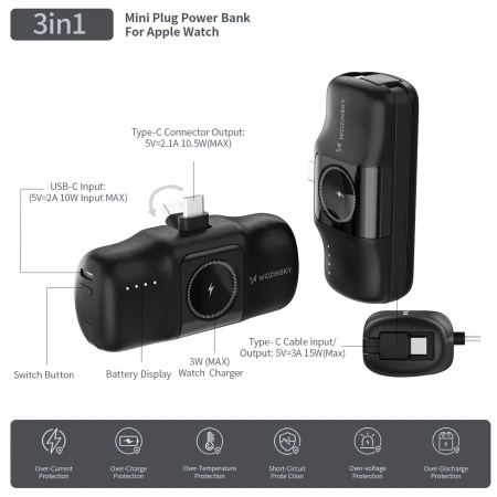 WOZINSKY MINI POWERBANK 5000MAH Z KABLEM USB-C DO APPLE WATCH 15W ŁADOWANIE