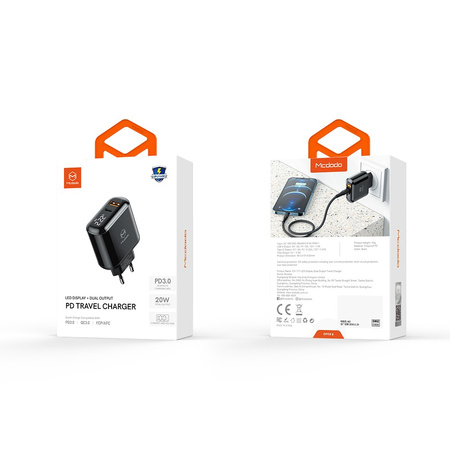 £adowarka sieciowa McDodo, uniwersalna, szybkie ³adowanie PD, 20W, 2xUSB, USB-C, LCD