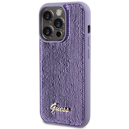Etui Guess Sequin Script Metal na iPhone 15 Pro - fioletowe