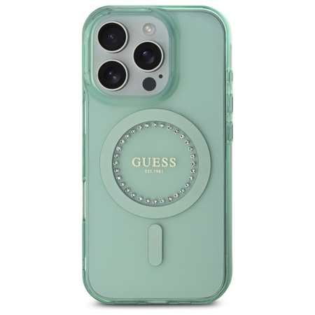 GUESS ETUI HARDCASE DO IPHONE 16 PRO 6.3 DO MAGSAFE IML RHINESTONES ZIELONE