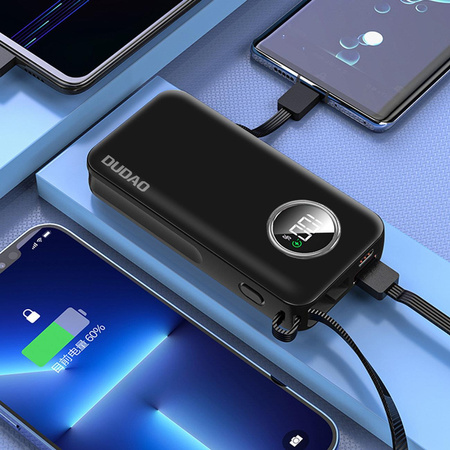 Dudao powerbank 10000mAh USB-A / USB-C 22.5W z wbudowanym kablem Lightning  oraz USB-C biały (K15sW)