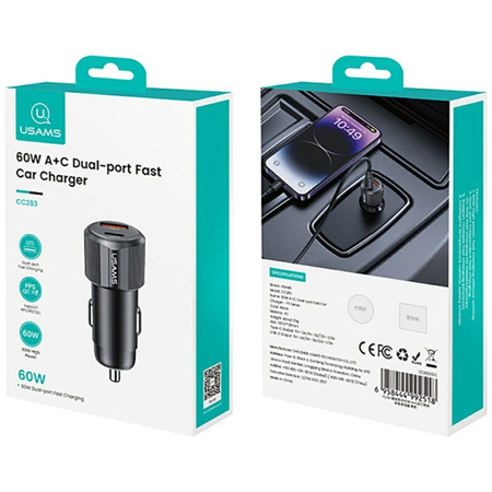 USAMS ŁADOWARKA SAMOCHODOWA 60W DO TELEFONÓW USB-C I USB-A SZYBKIE