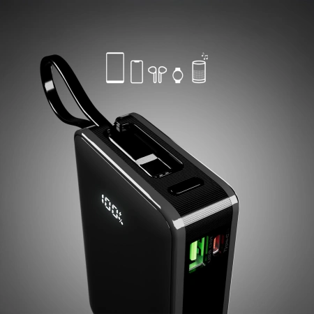Powerbank SBS 20000 mAh 20 W z wbudowanym kablem USB-C i wyświetlaczem cyfrowym - czarny