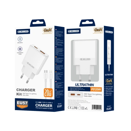 JELLICO ładowarka sieciowa EU57 PD 20W 1xUSB-C + 1xUSB QC3.0 + kabel USB-C - Lightning Biały