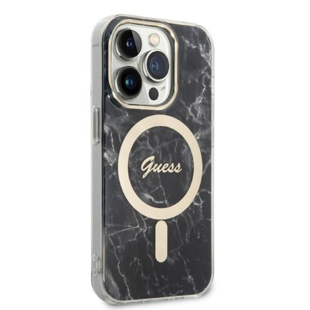 Guess zestaw ładowarka MagSafe + etui do iPhone 14 Pro 6,1" czarne Marble (GUBPP14LHMEACSK)