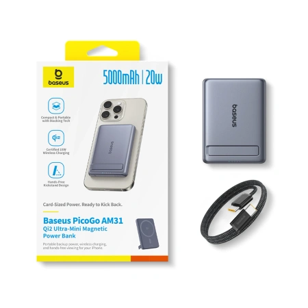 Powerbank Baseus PicoGo AM31 Qi2 5000mAh 20W ultracienki kompatybilny z MagSafe z podstawką z kablem plecionym Baseus Simple USB-C 20cm - szary