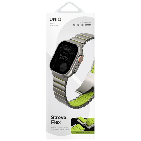Pasek UNIQ Strova Flex do Apple Watch    44/45/46/49mm Series 1/2/3/4/5/6/7/8/9/10/11/SE/SE2/SE3/Ultra/Ultra 2/Ultra 3 srebrno limonkowy