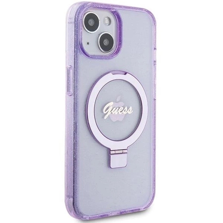 Etui Guess Ring Stand Script Glitter MagSafe na iPhone 15 Plus / 14 Plus - fioletowe