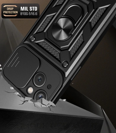 Pancerne etui Hybrid Armor Camshield z podstawką i osłoną aparatu do iPhone 15 - niebieskie
