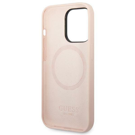 Etui Guess GUHMP14XSBPLP na iPhone 14 Pro Max - różowe Silicone Logo Plate MagSafe