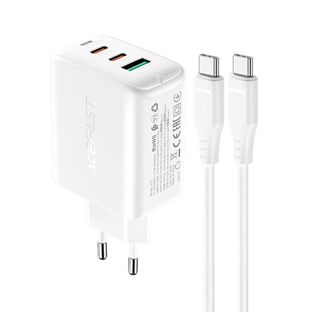 Acefast 2w1 ładowarka sieciowa 2x USB Typ C / USB 65W, PD, QC 3.0, AFC, FCP (zestaw z kablem) biały (A13 white)