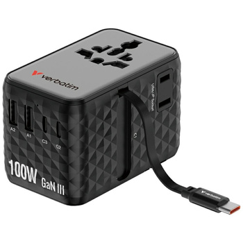 Verbatim Adapter podróżny EU/UK/US GaN   2xUSB-C/2xUSB-A/1xUSB-C PD 100W czarny 30191