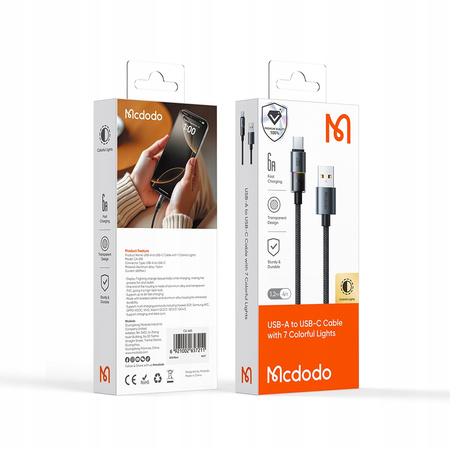 MCDODO KABEL USB-A USB-C SZYBKIE ŁADOWANIE USB TYP C 6A 100W 1M LED CZARNY
