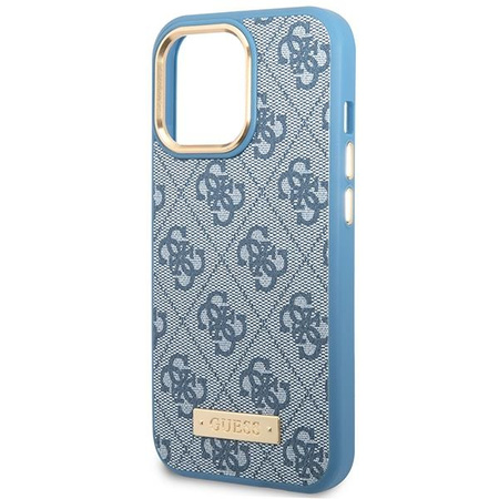 Etui Guess GUHMP14LU4GPRB na iPhone 14 Pro - niebieskie 4G Logo Plate MagSafe