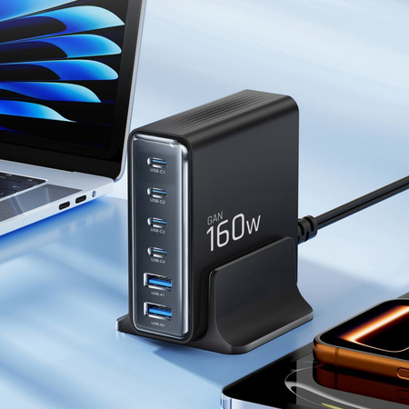 TECH-PROTECT DC160W-GAN 6-PORT DESKTOP CHARGER PD 160W / QC3.0 BLACK