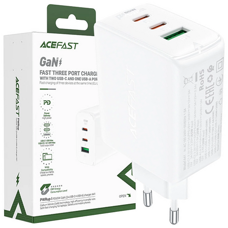 Acefast szybka ładowarka sieciowa GaN (2x USB-C / USB-A) PPS / PD / QC4+ 65W biała (A41)