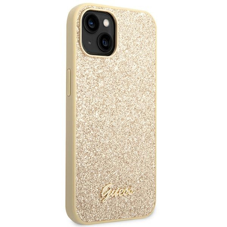 GUESS POKROWIEC HARDCASE DO IPHONE 14 15 13 6.1 ZŁOTY GLITTER SCRIPT