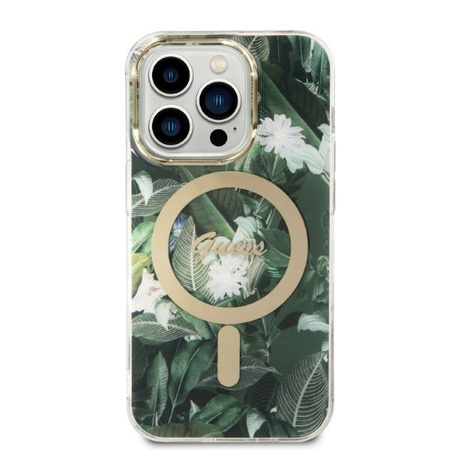Guess zestaw ładowarka MagSafe + etui do iPhone 14 Pro 6,1" zielone Jungle (GUBPP14LHJEACSA)