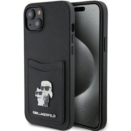 Etui Karl Lagerfeld Saffiano Cardslot Karl&Choupette Metal Pin do iPhone 15 - czarne