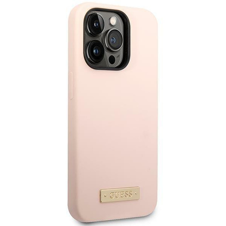 Etui Guess GUHMP14XSBPLP na iPhone 14 Pro Max - różowe Silicone Logo Plate MagSafe