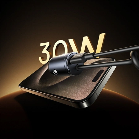 Ładowarka samochodowa Baseus Tiny Star 30W z wbudowanym spiralnym kablem USB-C - czarna
