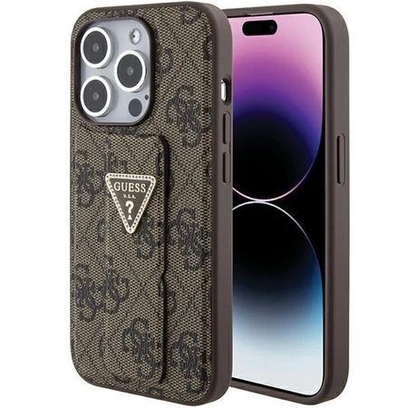 Etui Guess Grip Stand 4G Triangle Strass na iPhone 15 Pro - brązowe