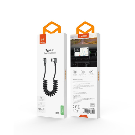 MCDODO KABEL KĄTOWY USB-C SPIRALNY SPRĘŻYNOWY SZYBKIE ŁADOWANIE TYP C LED