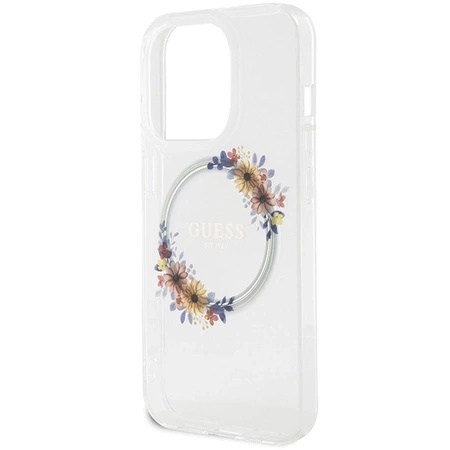 Etui Guess IML Flowers Wreatch MagSafe na iPhone 15 Pro - przezroczyste