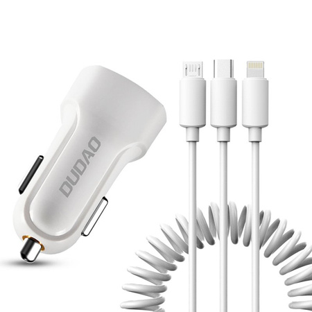 Dudao zestaw samochodowa ładowarka 2x USB 2.4A + kabel przewód USB 3w1 Lightning / Typ C / micro USB biały (R7 white)