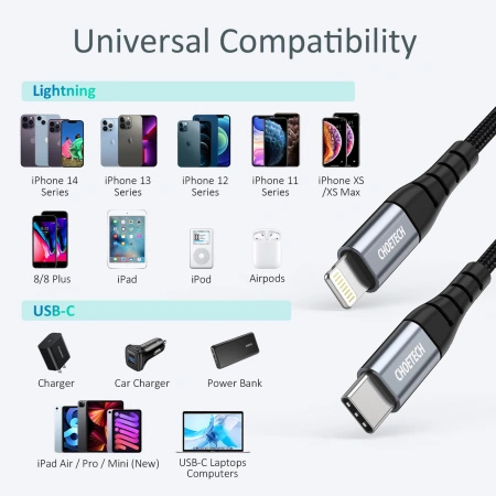 CHOETECH KABEL USB-C DO LIGHTNING DO IPHONE 12 13 14 15 480MB/S 1.2M MFI
