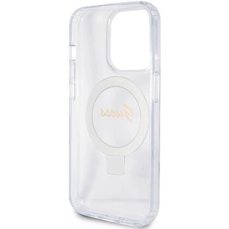 Etui Guess Ring Stand Script Glitter MagSafe na iPhone 15 Pro - przezroczyste