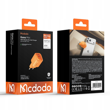 MCDODO SZYBKA ŁADOWARKA SIECIOWA DO TELEFONU ZASILACZ 2X USB-C PD GAN 45W