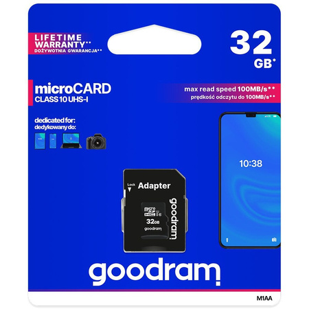 Goodram Microcard 32 GB karta pamięci micro SD HC UHS-I class 10, adapter SD (M1AA-0320R12)