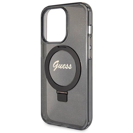 Etui Guess Ring Stand Script Glitter MagSafe na iPhone 14 Pro - czarne
