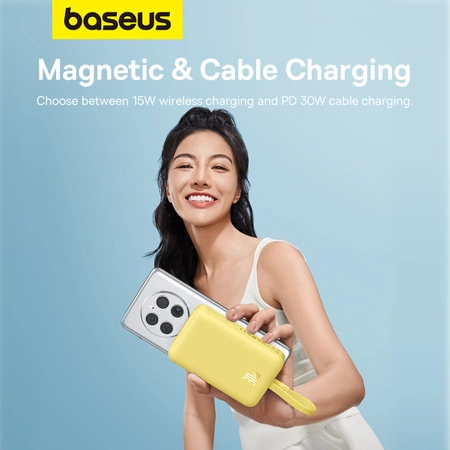 Powerbank Baseus Magnetic Mini MagSafe 10000mAh 30W z wbudowanym kablem USB-C - żółty + kabel Baseus Simple Series USB-C - USB-C 60W 0.3m