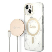 Guess zestaw ładowarka MagSafe + etui do iPhone 14 Plus 6,7" białe Marble (GUBPP14MHMEACSH)