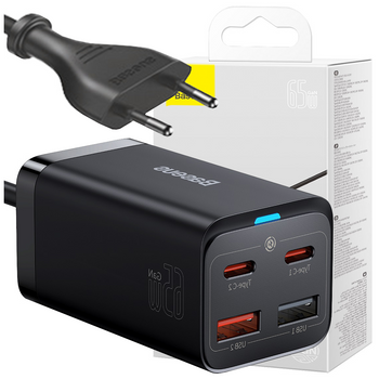 Baseus GaN3 Pro szybka ładowarka sieciowa GaN 2 x USB Typ C / 2 x USB 65W PD, QC4.0+, AFC, PPS + kabel USB Typ C - USB Typ C 1m czarny (CCGP040101)