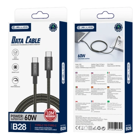 JELLICO kabel B28 USB-C - USB-C PD 60W 1M Czarny