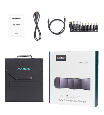 Choetech ładowarka solarna 100W składana USB C, 2x USB PD QC czarna (SC009-V2)